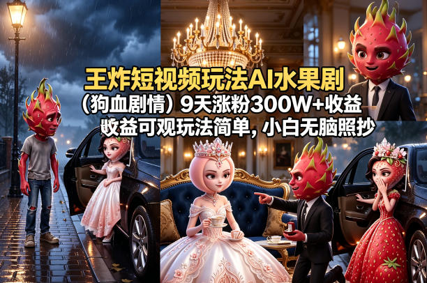王炸短视频玩法AI水果剧(狗血剧情)9天涨粉300W+收益可观玩法简单，小白无脑照抄，详细拆解玩法-明楼资源站