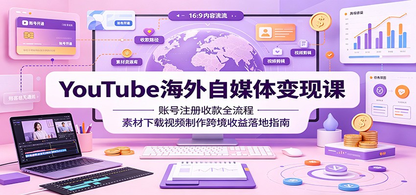 YouTube海外自媒体变现课：账号注册收款全流程，素材下载视频制作跨境收益落地指南-明楼资源站
