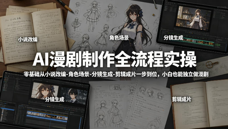 AI漫剧制作全流程实操，零基础从小说改编-角色场景-分镜生成-剪辑成片一步到位，小白也能独立做漫剧-明楼资源站