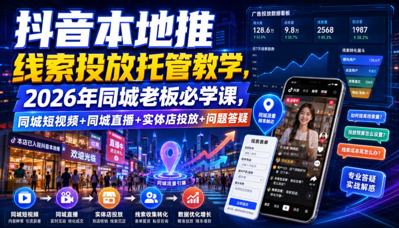 抖音本地推线索投放托管教学，2026年同城老板必学课，同城短视频+同城直播+实体店投放+问题答疑-明楼资源站