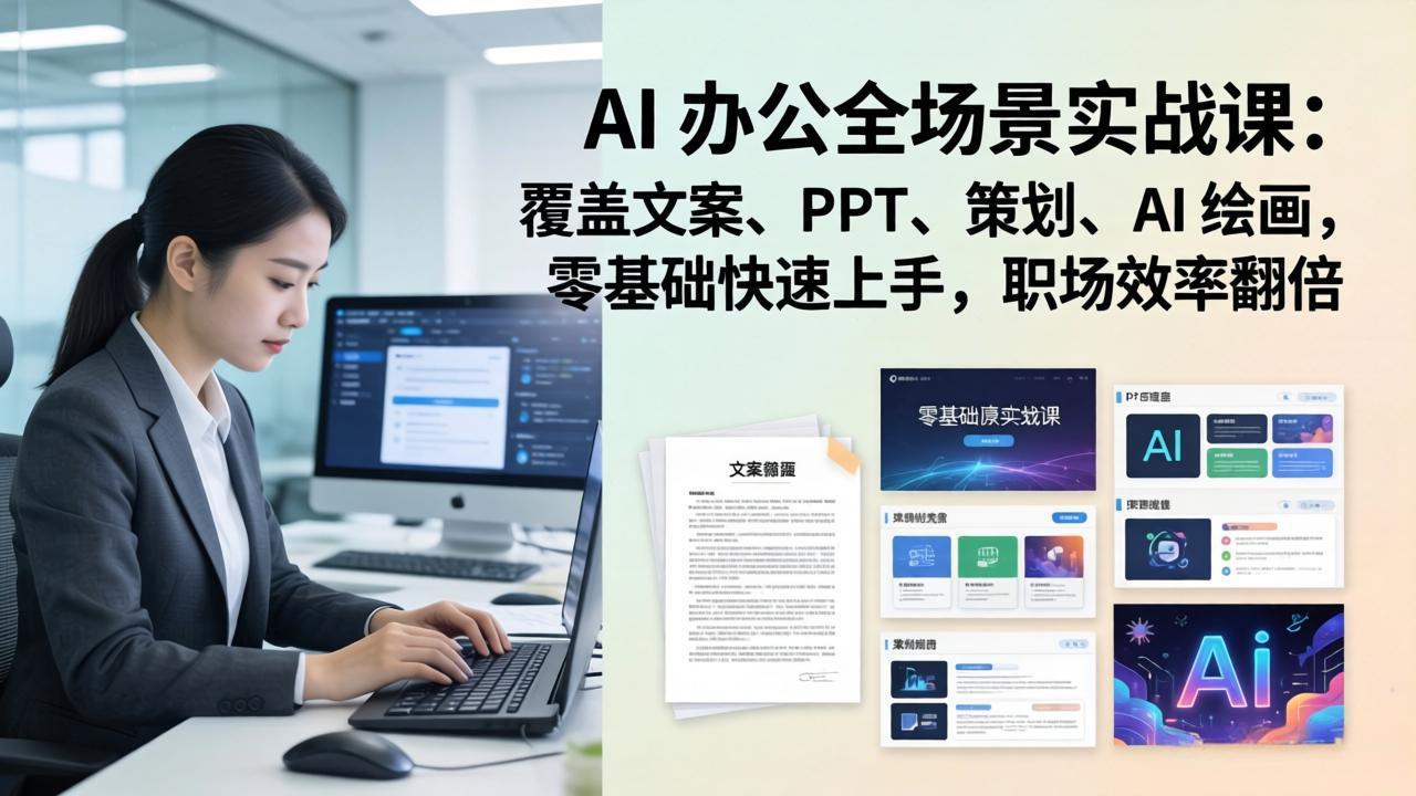 AI 办公全场景实战课：覆盖文案、PPT、策划、AI 绘画，零基础快速上手，职场效率翻倍-明楼资源站