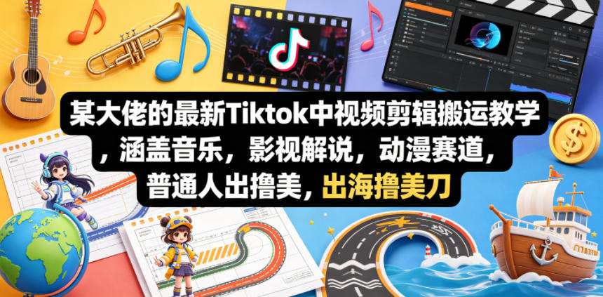某大佬的最新Tiktok中视频剪辑搬运教学，涵盖音乐，影视解说，动漫赛道，普通人出海撸美刀-明楼资源站