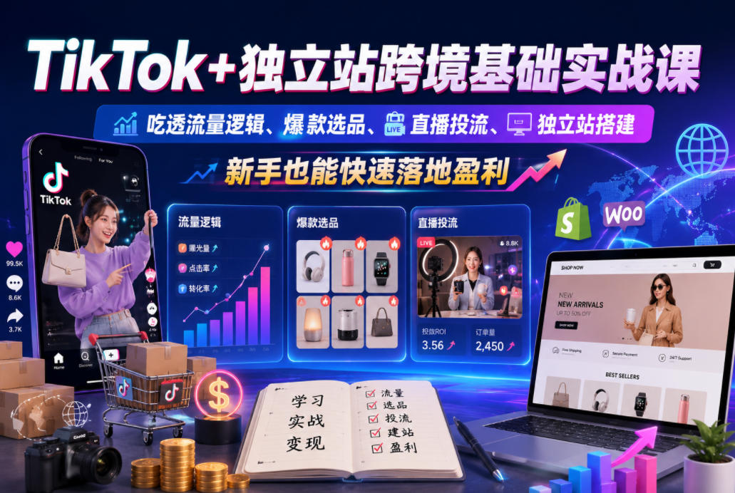 TikTok+独立站跨境基础实战课，吃透流量逻辑、爆款选品、直播投流与独立站搭建，新手也能快速落地盈利-明楼资源站