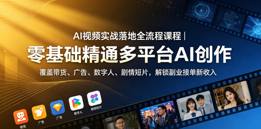 AI视频实战落地全流程课程｜零基础精通多平台AI创作，覆盖带货、广告、数字人、剧情短片，解锁副业接单新收入-明楼资源站
