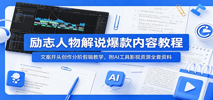 励志人物解说爆款内容教程：文案开头创作分阶剪辑教学，附AI 工具影视资源全套资料-明楼资源站