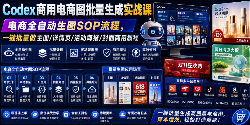 Codex商用电商图批量生成实战课｜电商全自动生图SOP流程，一键批量做主图/详情页/活动海报/封面商用教程-明楼资源站
