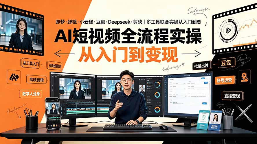 AI短视频全流程实操：即梦·蝉镜·小云雀·豆包·Deepseek·剪映｜多工具联合实操从入门到变现-明楼资源站