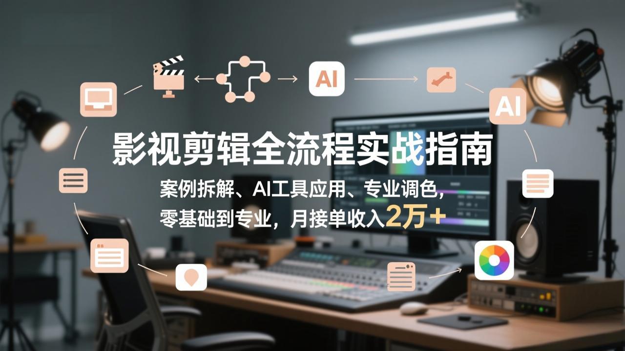 影视剪辑全流程实战指南，案例拆解、AI工具应用、专业调色，零基础到专业，月接单收入2万+-明楼资源站