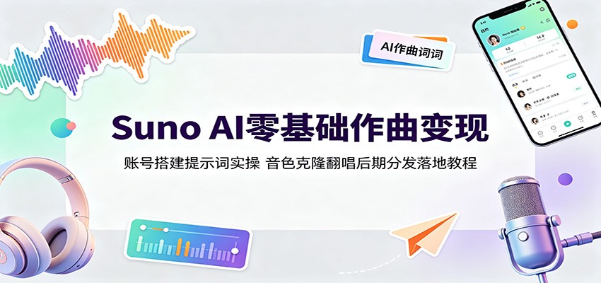 Suno AI零基础作曲变现：账号搭建提示词实操，音色克隆翻唱后期分发落地教程-明楼资源站
