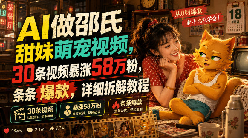 AI做邵氏甜妹萌宠视频，30条视频暴涨58万粉，条条爆款，详细拆解教程-明楼资源站