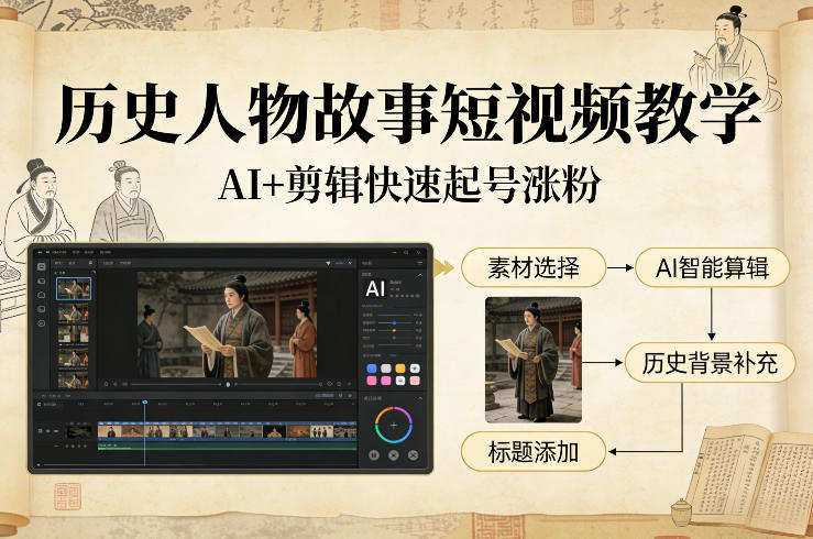 历史人物故事短视频教学，AI+剪辑制作历史人物题材短视频，快速起号涨粉-明楼资源站
