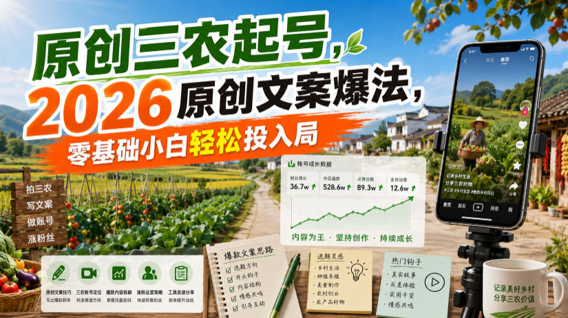 原创三农起号，2026原创文案爆法，零基础小白轻松投入局-明楼资源站