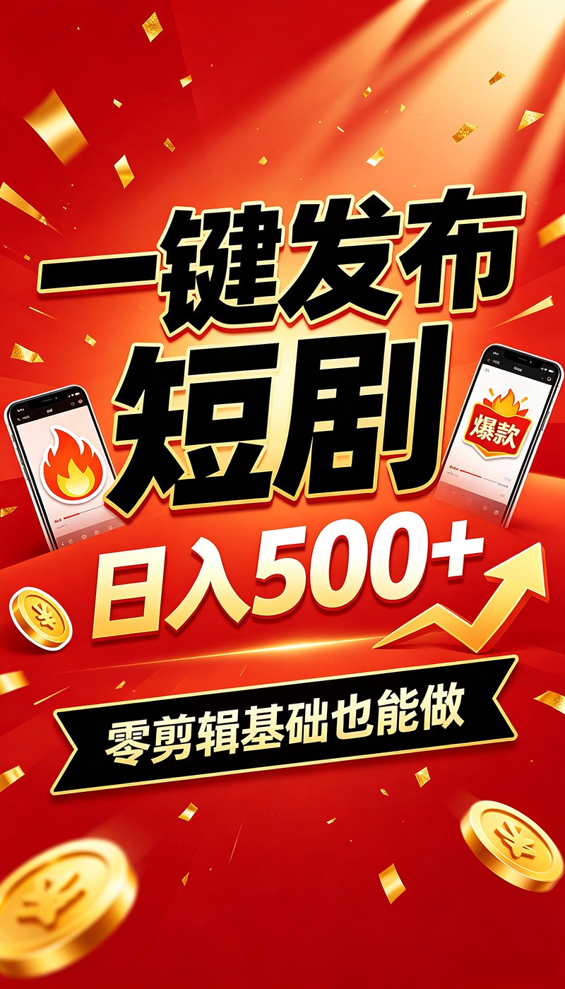 快手短剧一键发布，不用剪辑操作简单，副业日入500+。空闲时间轻松赚收益-明楼资源站