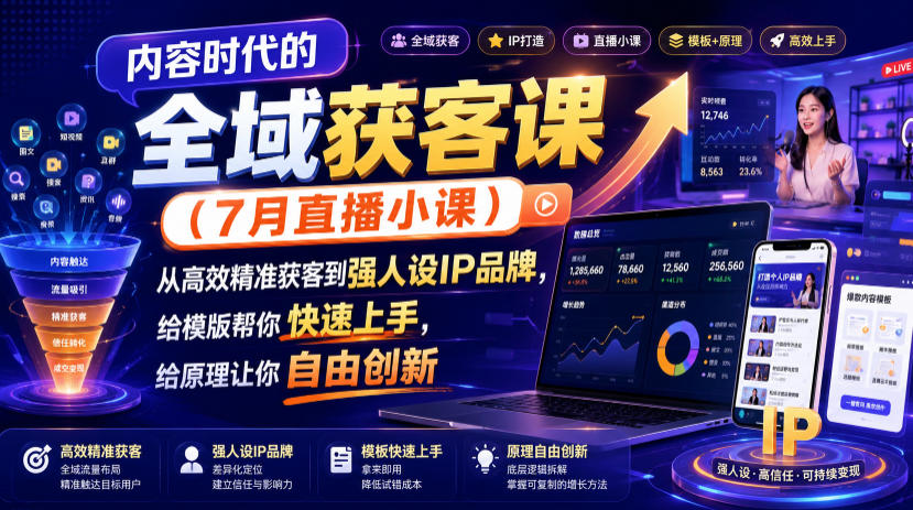 内容时代的全域获客课(7月直播小课)，从高效精准获客到强人设IP品牌，给模版帮你快速上手，给原理让你自由创新-明楼资源站