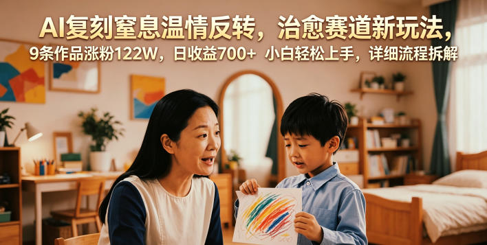 AI复刻窒息温情反转，治愈赛道新玩法，9条作品涨粉122W，日收益700+ 小白轻松上手，详细流程拆解-明楼资源站