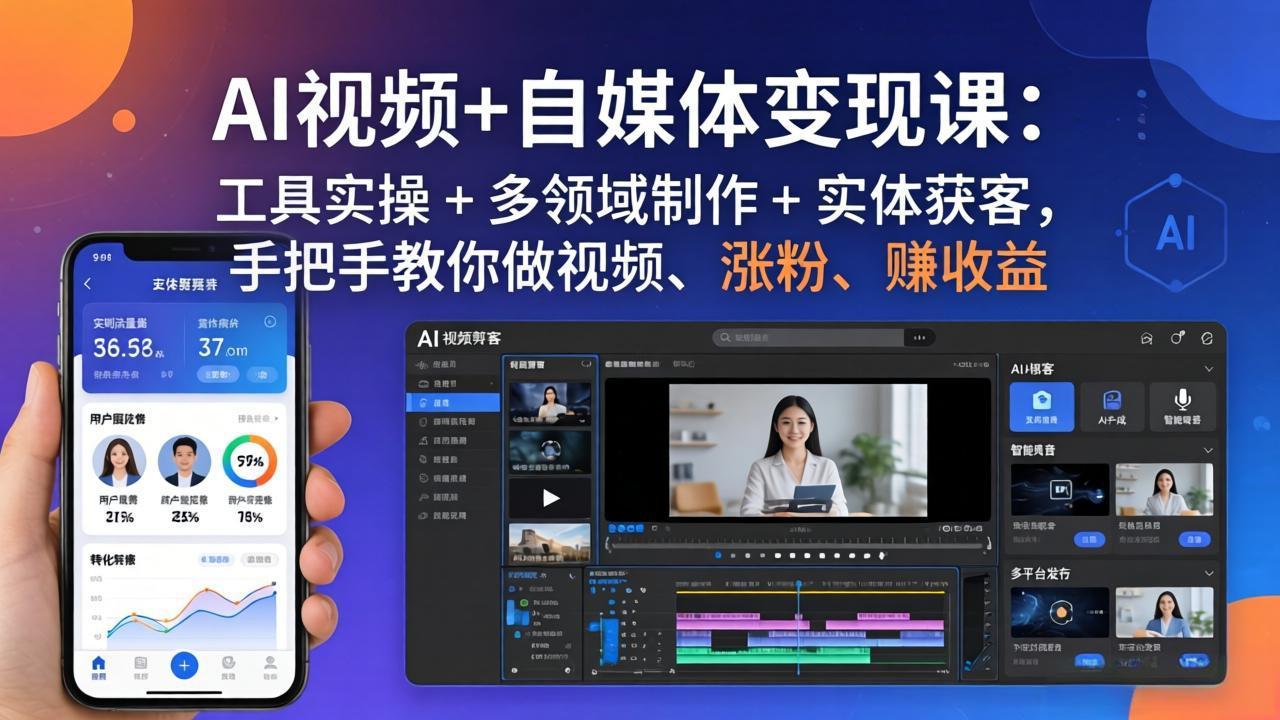 AI视频+自媒体变现课：工具实操 + 多领域制作 + 实体获客，手把手教你做视频、涨粉、赚收益-明楼资源站