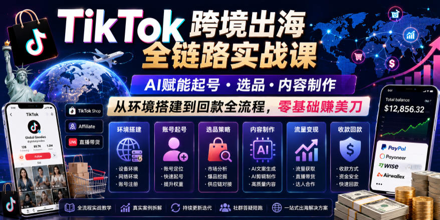 TikTok跨境出海全链路实战课，AI赋能起号・选品・内容制作，从环境搭建到回款全流程，零基础賺美刀-明楼资源站