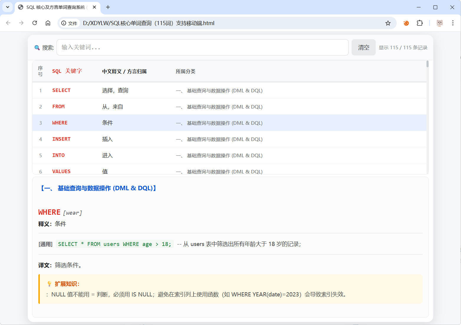SQL常用核心单词查询115词html源码-明楼资源站