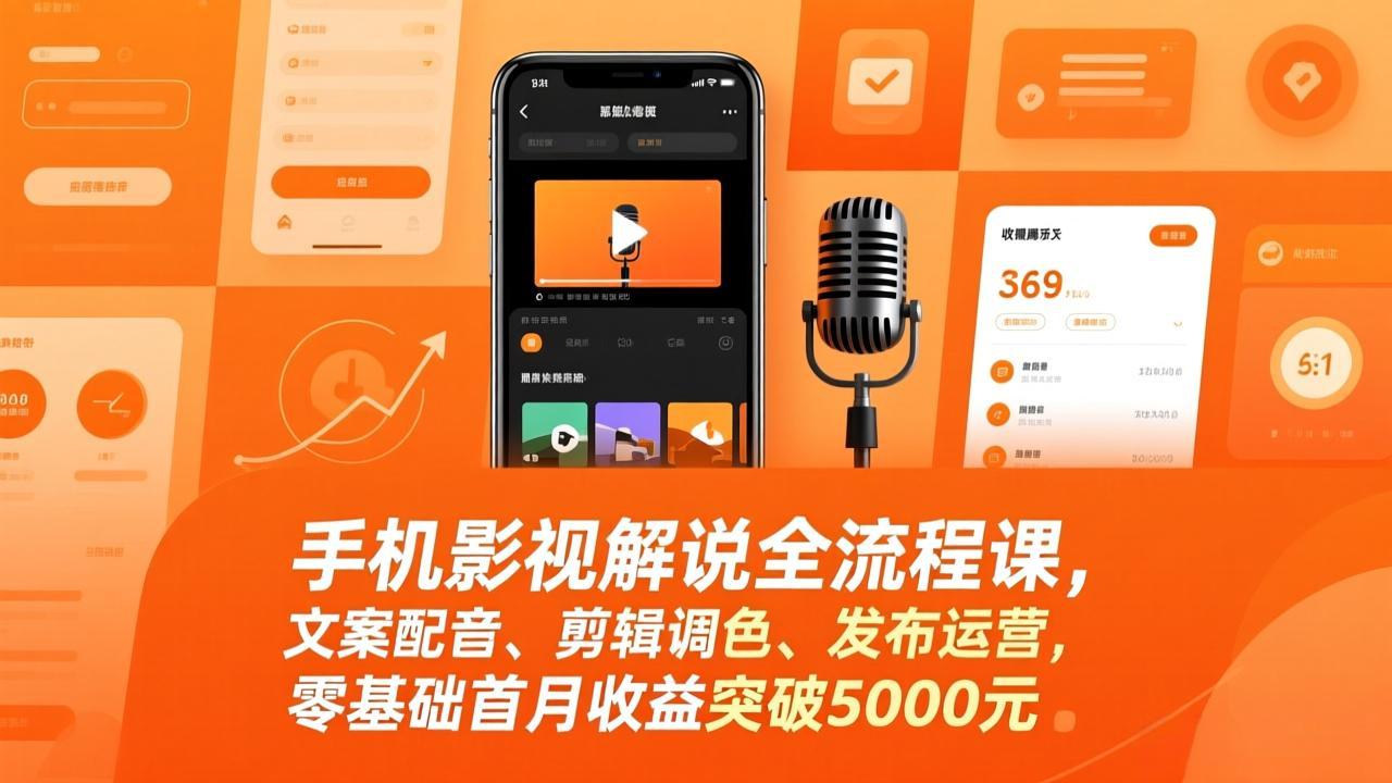 手机影视解说全流程课，文案配音、剪辑调色、发布运营，零基础首月收益突破5000元-明楼资源站