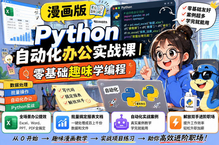 漫画版Python自动化办公实战课｜零基础趣味学编程，全场景办公提效、批量搞定报表文档、解放双手进阶职场-明楼资源站