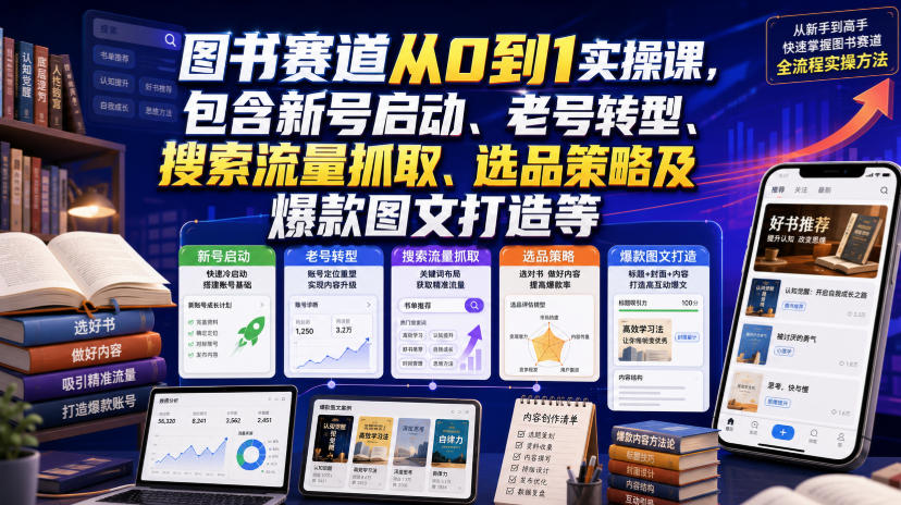 图书赛道从0到1实操课，包含新号启动、老号转型、搜索流量抓取、选品策略及爆款图文打造等-明楼资源站