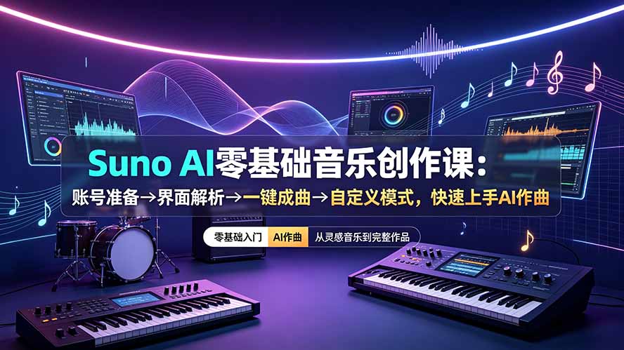Suno AI零基础音乐创作课：账号准备→界面解析→一键成曲→自定义模式，快速上手AI作曲-明楼资源站