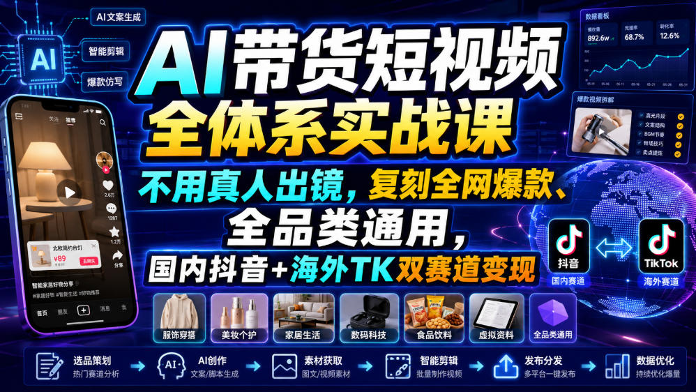 AI带货短视频全体系实战课，不用真人出镜，复刻全网爆款、全品类通用，国内抖音+海外TK双赛道变现-明楼资源站